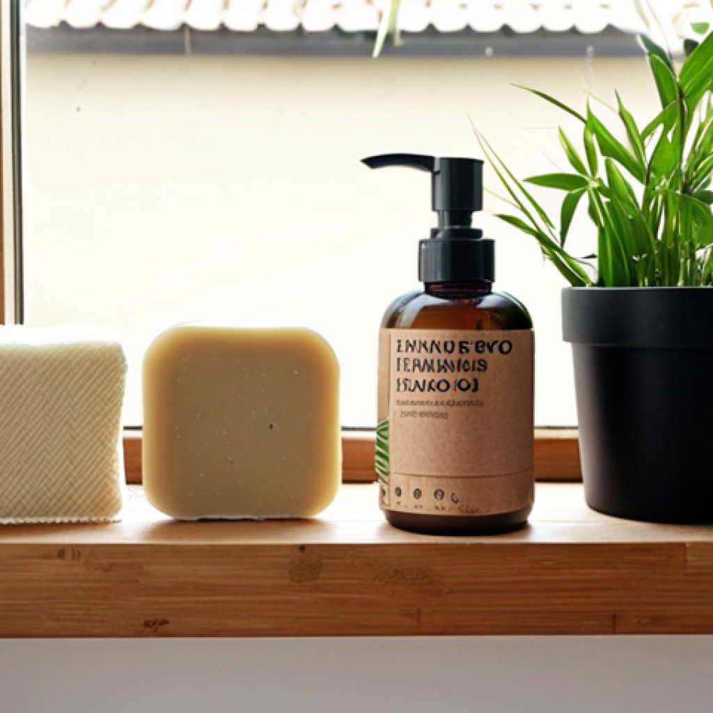 **A zero waste bathroom scene:** Featuring shampoo bars, reusable cotton pads made of bamboo, a deodorant stick in cardboard packaging, and zero waste makeup in cardboard packaging, displayed neatly on a wooden shelf with a plant, emphasizing sustainability and minimalism. Dutch-style bathroom with natural light coming through a window.