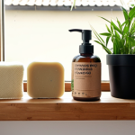 **A zero waste bathroom scene:** Featuring shampoo bars, reusable cotton pads made of bamboo, a deodorant stick in cardboard packaging, and zero waste makeup in cardboard packaging, displayed neatly on a wooden shelf with a plant, emphasizing sustainability and minimalism. Dutch-style bathroom with natural light coming through a window.